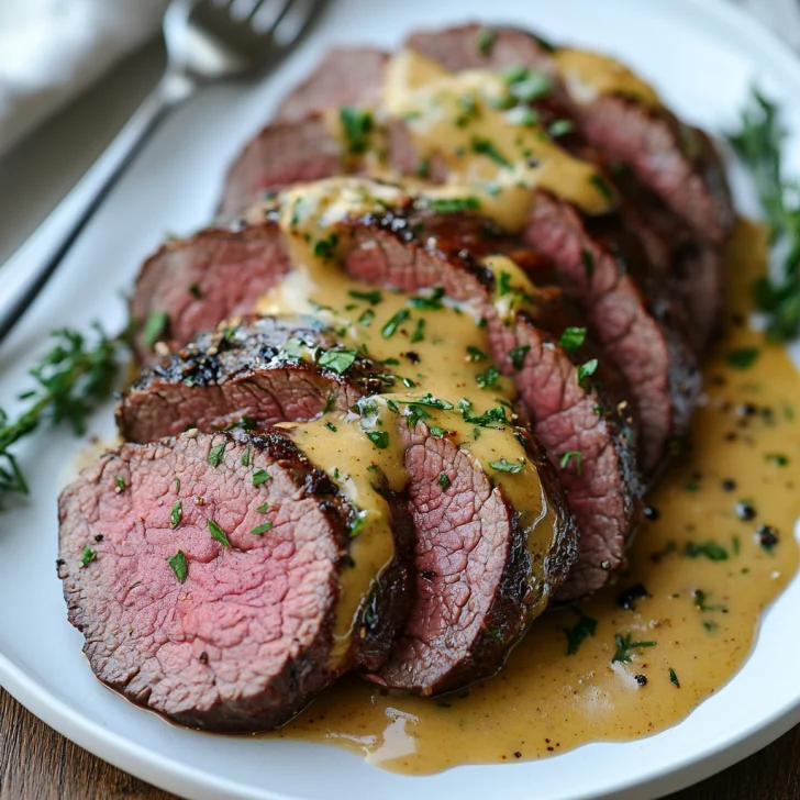Crockpot Beef Tenderloin: The Best Slow Cooker Shortcut Crockpot Beef Tenderloin sliced and garnished with Béarnaise sauce and tarragon on a white plate