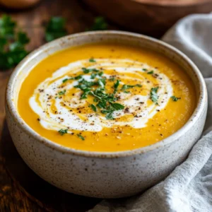 Bowl of Crockpot Butternut Squash Soup garnished with coconut milk swirl and parsley on a wooden table