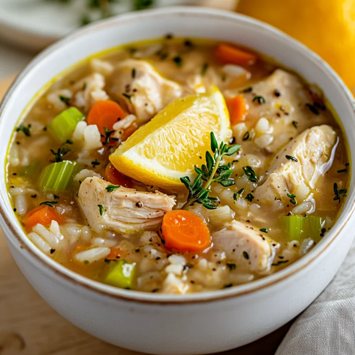 Bowl of Crockpot Chicken and Rice Soup topped with fresh thyme and lemon zest on a wooden table