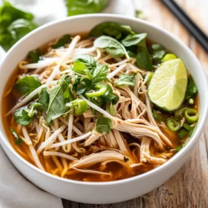 Bowl of Crockpot Chicken Pho garnished with fresh basil, bean sprouts, and lime served on a light wooden table