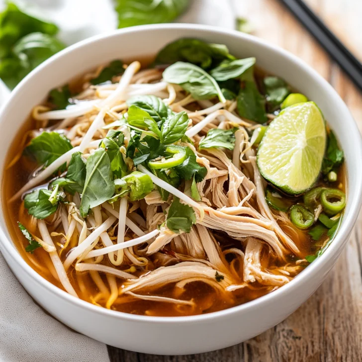 Bowl of Crockpot Chicken Pho garnished with fresh basil, bean sprouts, and lime served on a light wooden table