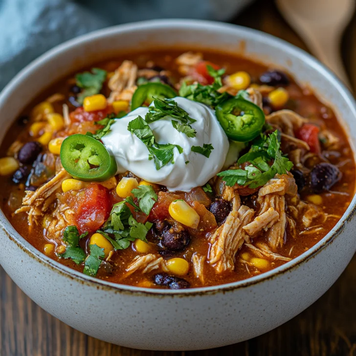 Bowl of Crockpot Chicken Taco Chili topped with sour cream and cilantro on a wooden table