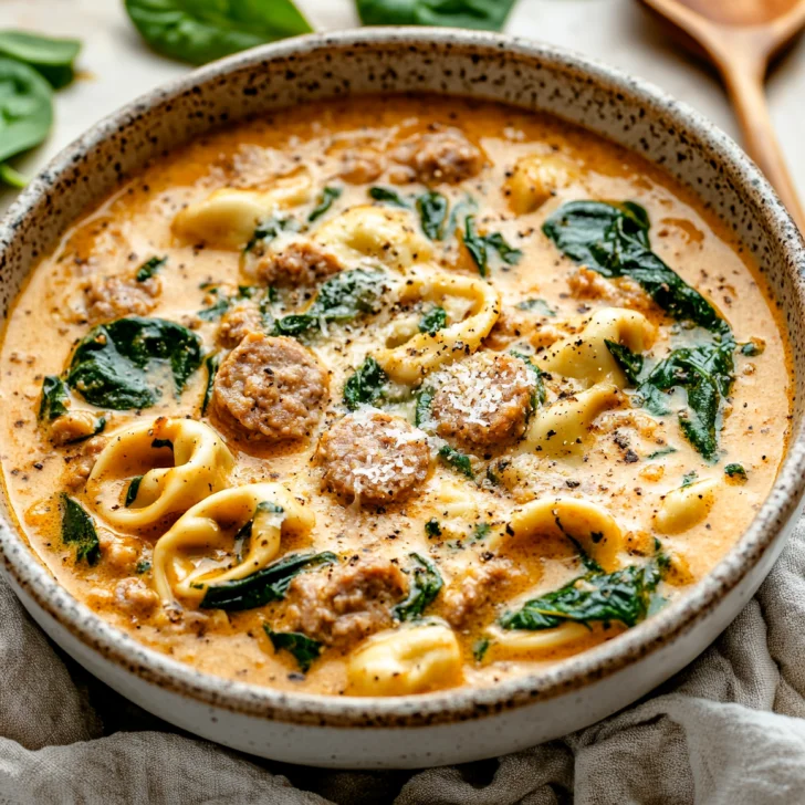 Bowl of Crockpot Creamy Tortellini Sausage Stew topped with Parmesan cheese and fresh spinach on a light wooden table