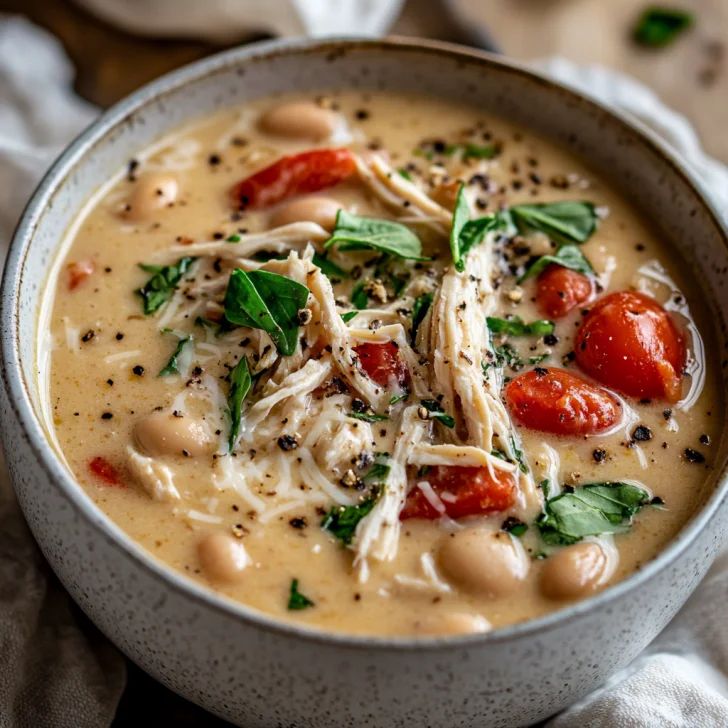 Bowl of Crockpot Creamy Tuscan Chicken Soup topped with grated Parmesan cheese and fresh herbs on a wooden table