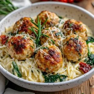 Crockpot Garlic Butter Chicken Meatballs on creamy orzo garnished with spinach and sun-dried tomatoes