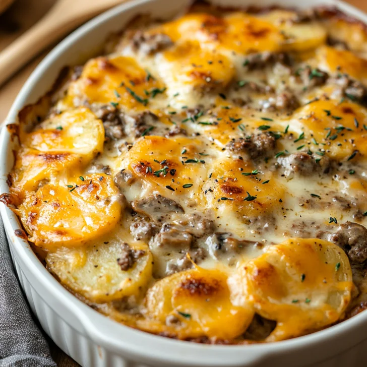 Crockpot Hamburger Potato Casserole topped with melted cheese in a rustic white dish on a light wood table