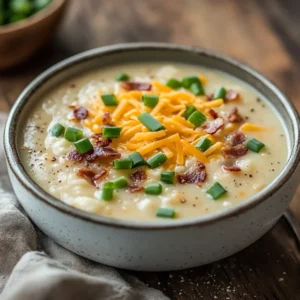 Bowl of Crockpot Hash Brown Potato Soup topped with green onions, cheddar cheese, and bacon bits on a wooden table
