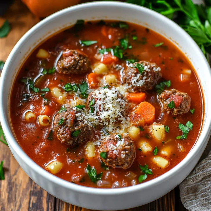 Bowl of Crockpot Italian Meatball Soup topped with fresh parsley and Parmesan cheese on a wooden table