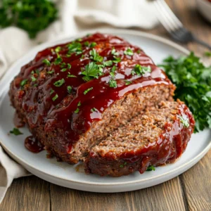 Sliced Crockpot Meatloaf on a white plate with ketchup glaze and fresh parsley garnish, highlighting juicy texture.