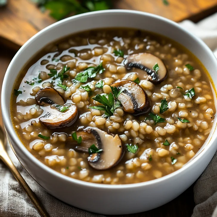 Bowl of Crockpot Mushroom Barley Soup garnished with parsley and black pepper on a wooden table