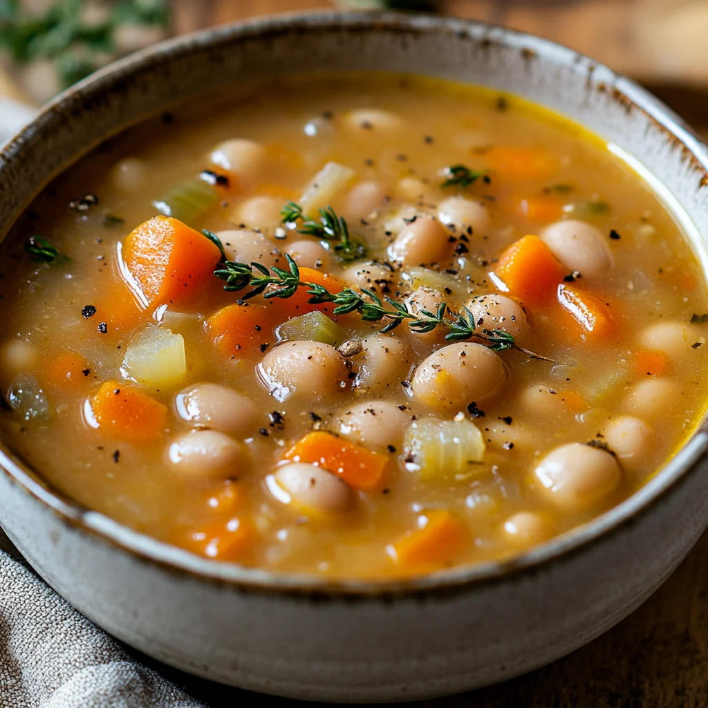 Crockpot Navy Bean Soup - Easy, Healthy, and Delicious Bowl of Crockpot Navy Bean Soup garnished with fresh thyme and olive oil on a wooden table