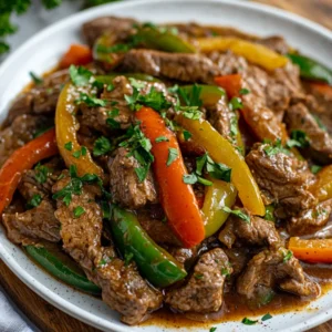 Crockpot Pepper Steak on a white plate garnished with parsley, showcasing tender beef and colorful peppers in a savory sauce