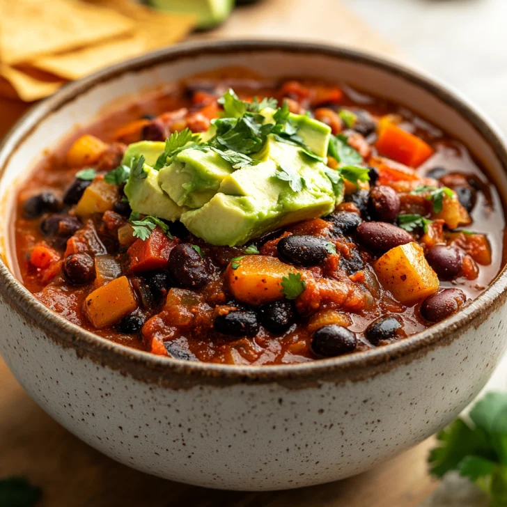 Bowl of Crockpot Vegetarian Chili topped with avocado and cilantro, served with tortilla chips on a wooden table