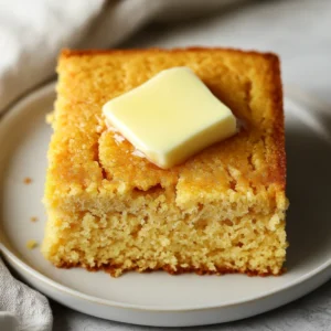Golden Easy Air Fryer Cornbread on a white plate topped with melting butter and garnished with fresh herbs