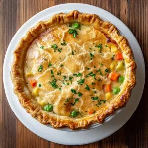 Golden Easy Chicken Pot Pie on a white plate garnished with parsley, showcasing flaky crust and creamy filling