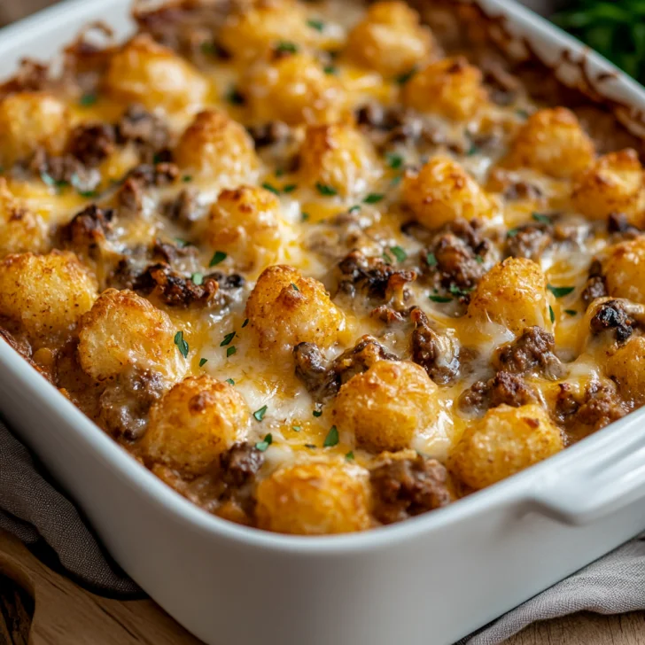 Easy Cowboy Casserole with crispy tater tots and melted cheese in a white baking dish on a wooden table