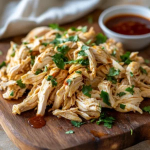 Tender Easy Crockpot Shredded Chicken garnished with cilantro on a wooden board beside barbecue sauce