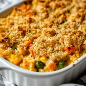 Delicious Easy Mixed Vegetable Casserole with a golden cracker topping in a white dish, garnished with fresh parsley