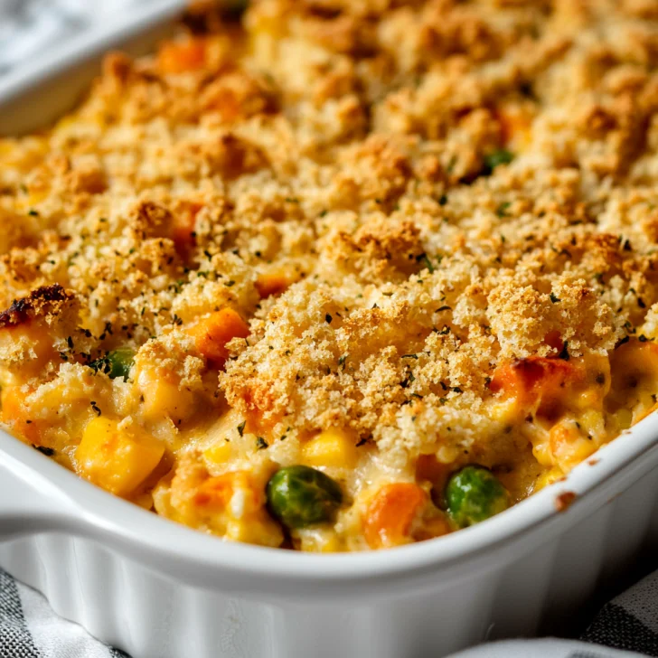 Delicious Easy Mixed Vegetable Casserole with a golden cracker topping in a white dish, garnished with fresh parsley