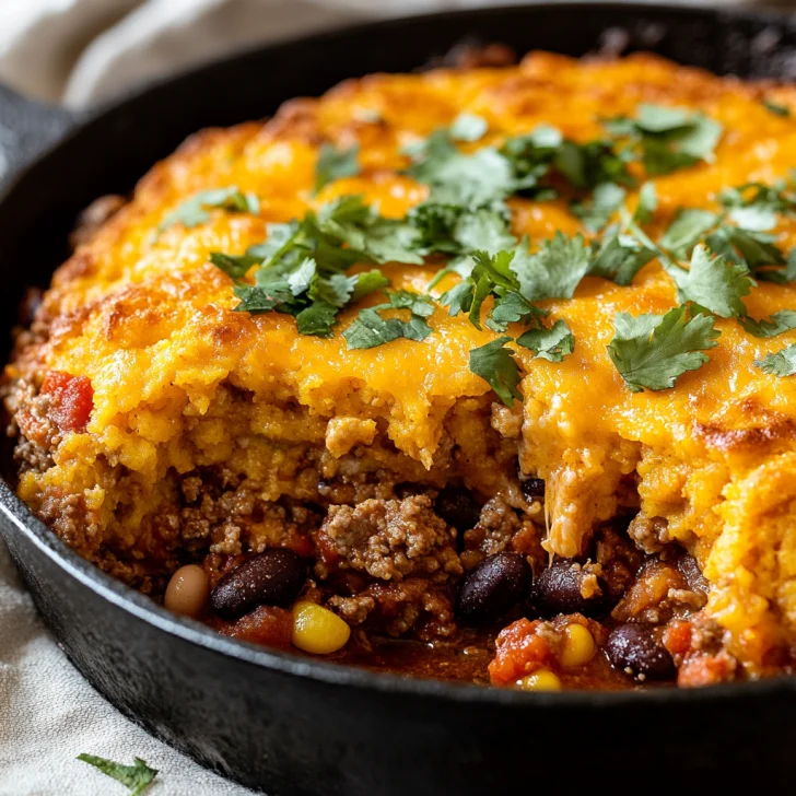 Close-up of Easy Tamale Casserole in a cast iron skillet topped with melted cheese and cilantro