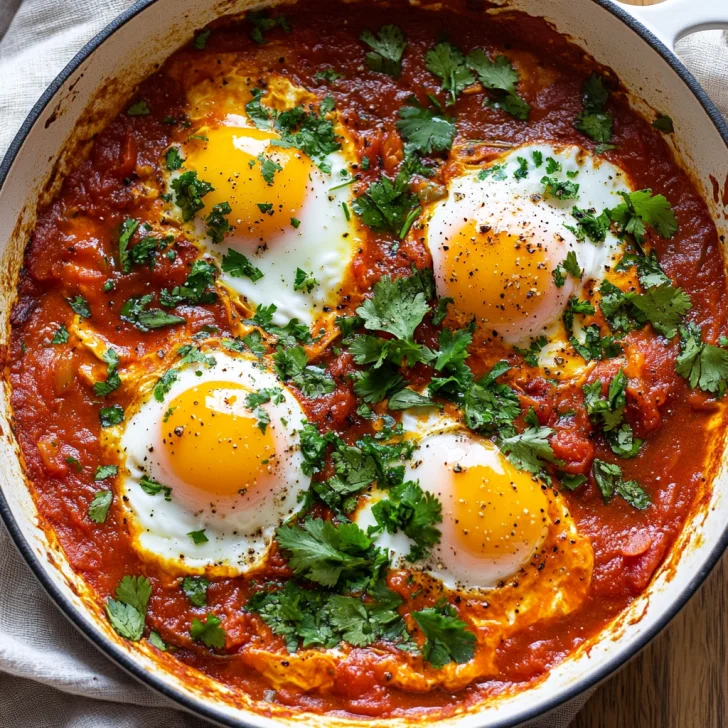 Close-up of Easy Traditional Shakshuka in a white skillet, topped with fresh herbs and runny poached eggs