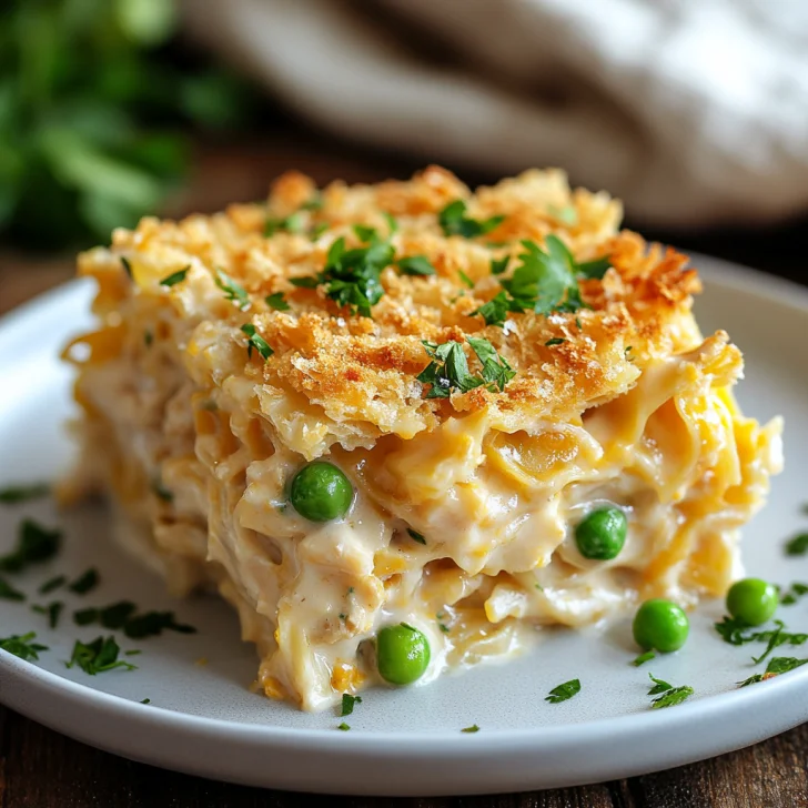 Creamy Easy Tuna Noodle Casserole in a white dish topped with golden breadcrumbs and garnished with parsley.