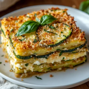 Baked Easy Zucchini Casserole in a white dish, garnished with basil and red pepper flakes, on a wooden table