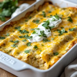 Delicious Green Chile Chicken Enchilada Casserole topped with sour cream and fresh cilantro in a white baking dish