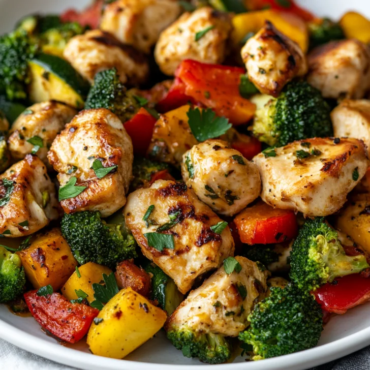 Healthy Air Fryer Chicken and Veggies on a white plate garnished with fresh parsley, featuring colorful cooked vegetables.