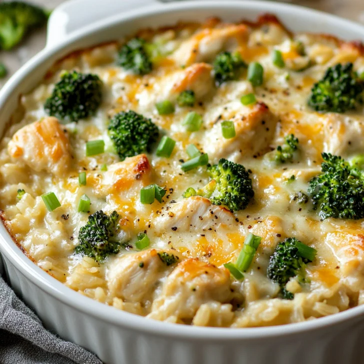 Healthy Chicken and Rice Casserole in a white dish, topped with cheese and green onions, on a light wooden surface
