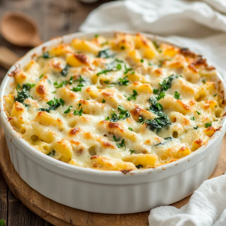 Healthy Tuna Casserole served in a white dish, topped with melted cheese and fresh spinach
