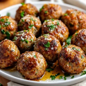 Juicy Air Fryer Meatballs on a white plate garnished with fresh parsley and Parmesan