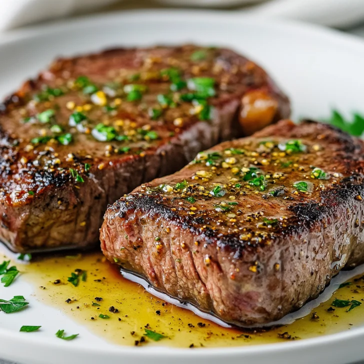 Juicy Air Fryer Steak topped with melting garlic-herb butter on a white plate, garnished with parsley