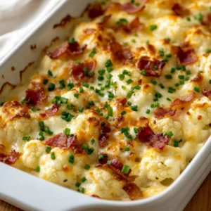 Loaded Cauliflower Casserole in a white dish topped with melted cheese, turkey bacon, and chives on a wooden table