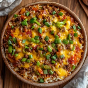 Delicious Mexican Ground Beef Casserole with Rice in a bowl, topped with melted cheese and green onions