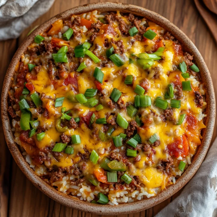 Delicious Mexican Ground Beef Casserole with Rice in a bowl, topped with melted cheese and green onions