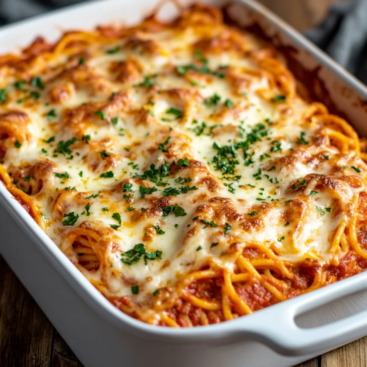 Mouthwatering Million Dollar Spaghetti Casserole topped with melted cheese and garnished with fresh parsley