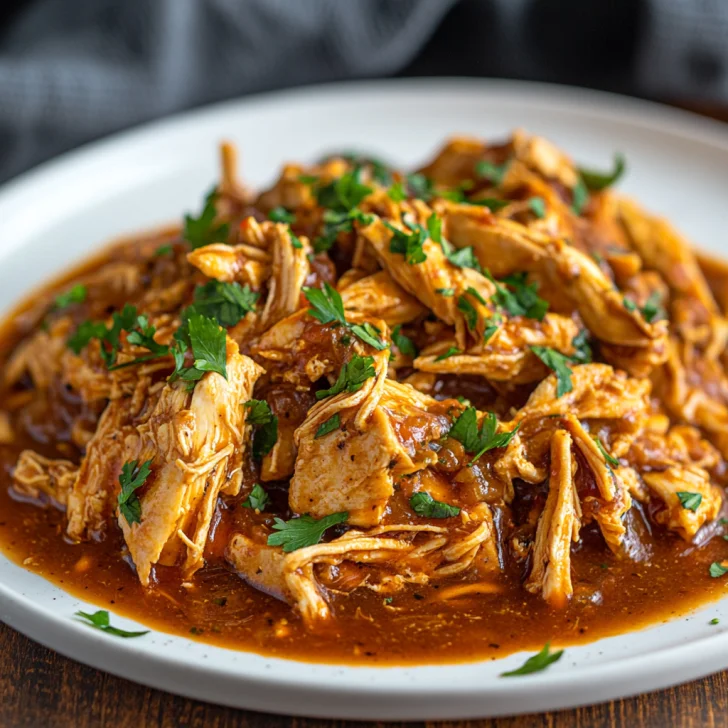 Mississippi Chicken Slow Cooker served on a white plate, garnished with parsley and visible peperoncini pepper slices