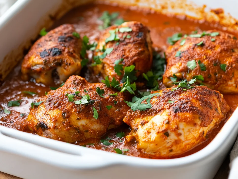 One-Pan Baked Butter Chicken served in a white dish, garnished with cilantro, steamy and rich in a creamy sauce