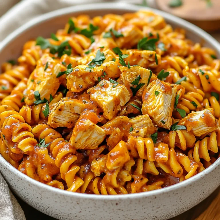 One Pot BBQ Chicken Pasta in a rustic bowl topped with melted cheese and fresh parsley