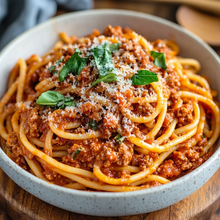 Appetizing One Pot Bolognese Pasta in a white bowl topped with grated Parmesan and basil on a wooden cutting board.