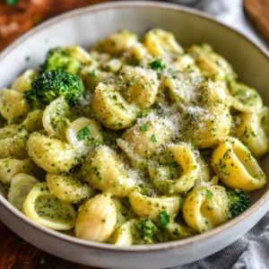 One Pot Broccoli Pasta in a white bowl garnished with parsley and grated Parmesan cheese