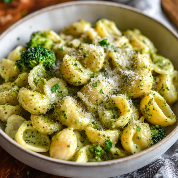 One Pot Broccoli Pasta in a white bowl garnished with parsley and grated Parmesan cheese