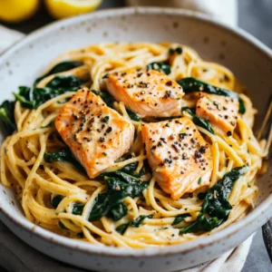 One Pot Creamy Salmon Pasta served in a white bowl with spinach and lemon wedges, garnished with black pepper