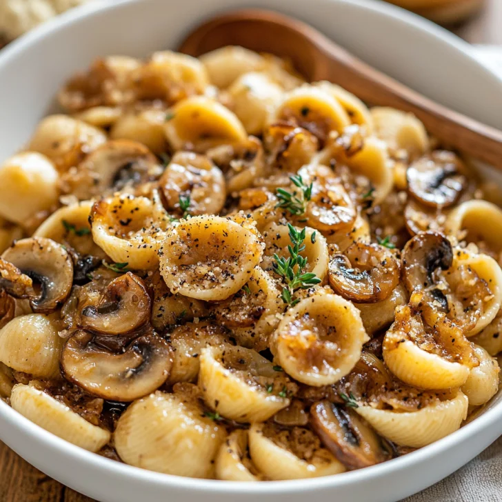 Creamy One Pot French Onion Pasta in a bowl garnished with thyme and breadcrumbs, warm and inviting