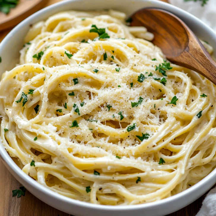 Bowl of One Pot Garlic Parmesan Pasta topped with parsley and grated cheese on a light wooden table