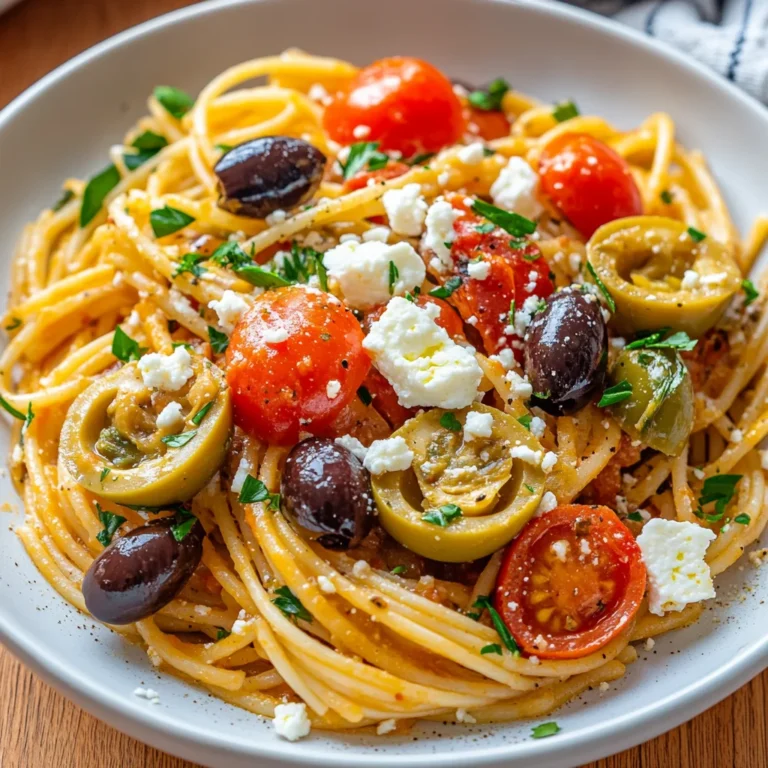 One Pot Greek Spaghetti served on a white plate, garnished with feta and parsley, featuring colorful olives and tomatoes.