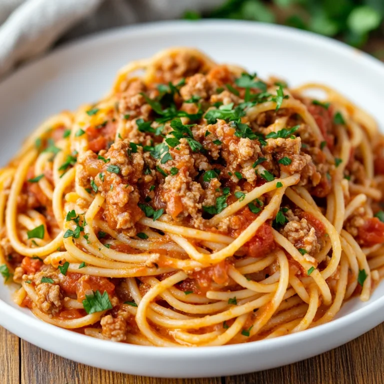 One Pot Ground Turkey Spaghetti served in a white bowl, garnished with parsley and steaming in bright light
