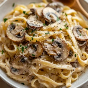 Delicious One Pot Mushroom Pasta in a white bowl, garnished with Parmesan cheese and black pepper