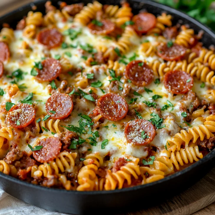One Pot Pizza Pasta in a skillet, topped with melted cheese and pepperoni, garnished with parsley